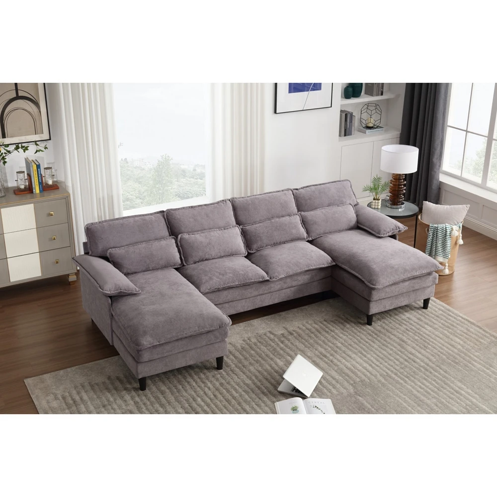 U Shaped Modular Sectional Sofa Couch, corner sofa with 4pcs waist pillows, Chaise Lounge, terrycloth fabric sofa,Upholstered 4 Seater Couch for Livin