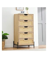 gaomon Modern Rattan 5 Drawers Dresser, Double Dresser For Bedroom