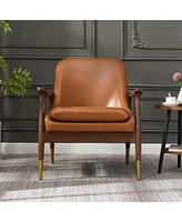 29.2'' Mid-Century Faux Leather Accent Chair with Cushioned Seat, Solid Wood Frame, and Brass-Tipped Legs – Perfect for Living Room, Bedroom, o