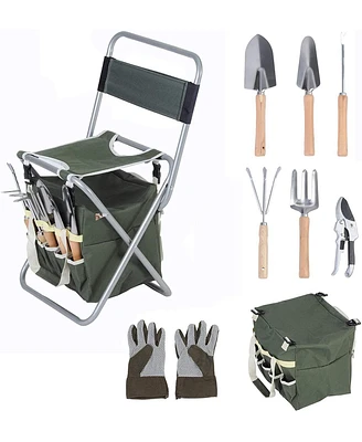 Slickblue 9PCS Garden Tools Set with Ergonomic Wooden Handles and Sturdy Stool with Detachable Tool Bag