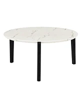 Living Room Coffee Table: Modern and stylish 36 inch round small coffee table, imitation marble tabletop with rubber wood solid wood legs, wooden coff