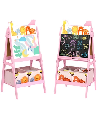 Qaba Double-Sided Easel for Kids w/ board, Chalkboard, Storage Boxes