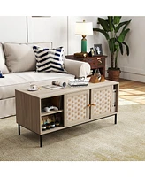 Elegant Veener Weaving Design Coffee Table with 4 Sliding Door, Wooden Center Rectangular Table with Symmetrical Design Storage Cabinet