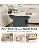 39.4" Wood Folding Dining Table with 4 Wheels, Wood Folding End Table with Wheels, Folding Dining Table with Storage Rack and 1 Drawers, Movable