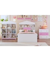 Twin Size House-Shaped Wooden Bed with Storage Shelf on the Headboard, Built-in Two Storage Drawers, Brown