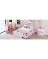 Streamdale Furniture Twin Size House-Shaped Wooden Bed with Storage Shelf on the Headboard, Built-in Two Storage Drawers, Pink