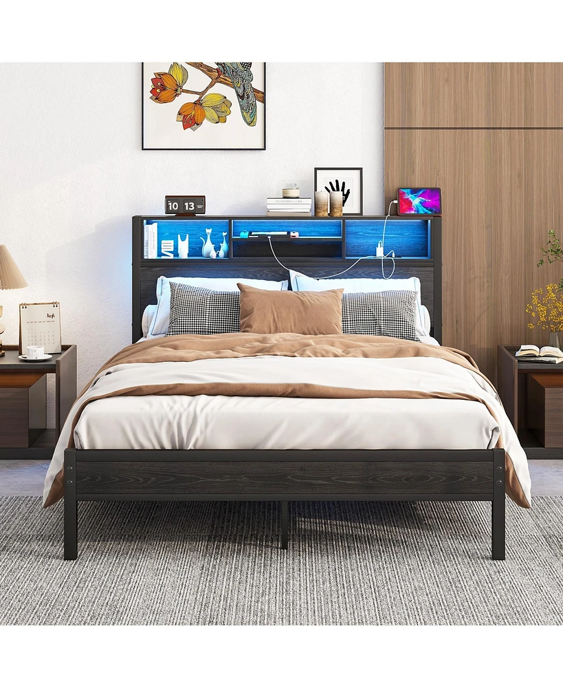 Streamdale Furniture Full Size Bed Frame with Storage Headboard, Metal Platform Bed with Charging Station, Bookcase Storage, No Box Spring Needed, Eas