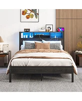 Streamdale Furniture Full Size Bed Frame with Storage Headboard, Metal Platform Bed with Charging Station, Bookcase Storage, No Box Spring Needed, Eas