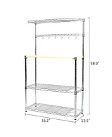 Slickblue 4 Tier Baker's Rack Microwave Shelf,Kitchen Storage Free Standing Workstation with 6 hooks