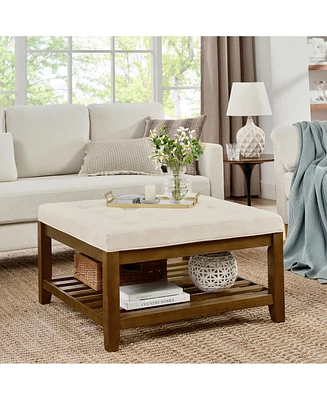 Streamdale Furniture Upholstered Coffee Table Tufted Linen Large Square Ottoman with Beech Wood Shelf and Frame, Oversized Footrest Ottoman for Living