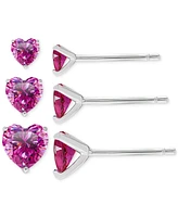 3-Pc. Set Lab Grown Pink Sapphire Heart Stud Earrings (2-1/5 ct. t.w.) in Sterling Silver