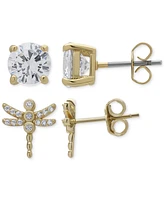 2-Pc. Set Lab Grown White Sapphire Dragonfly & Solitaire Stud Earrings (1-5/8 ct. t.w.) in 14k Gold-Plated Sterling Silver