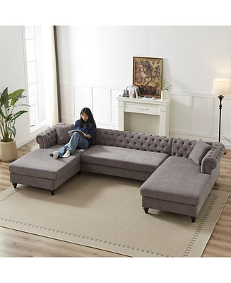 135.5-inch Modern Style Chenille Three Piece Sofa, Pull Point Design U-shaped Sofa two Chaise Longue Seats, two Pillows and Wooden feet