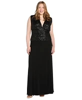 R & M Richards Plus Sequinned-Bodice V-Neck Gown