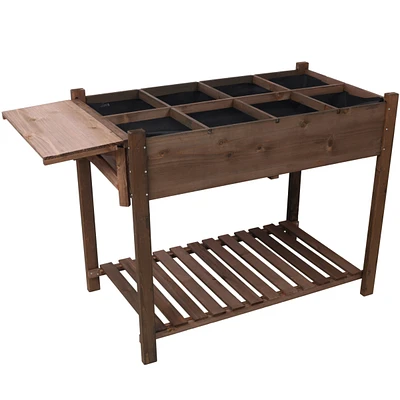 8 Pockets Horticulture Raised Garden Bed Elevated Wood Planter Box Stand with Foldable Side Table and Storage Shelf for Herb/Vegetables/Flowers, dark