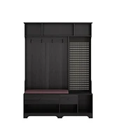 Multi-purpose Hallway Hall Tree with Removable Linen Cushioned Entryway Bench, Coat Rack, Storage Shelves, and Diy Pegboard,for Hallways, Living Room