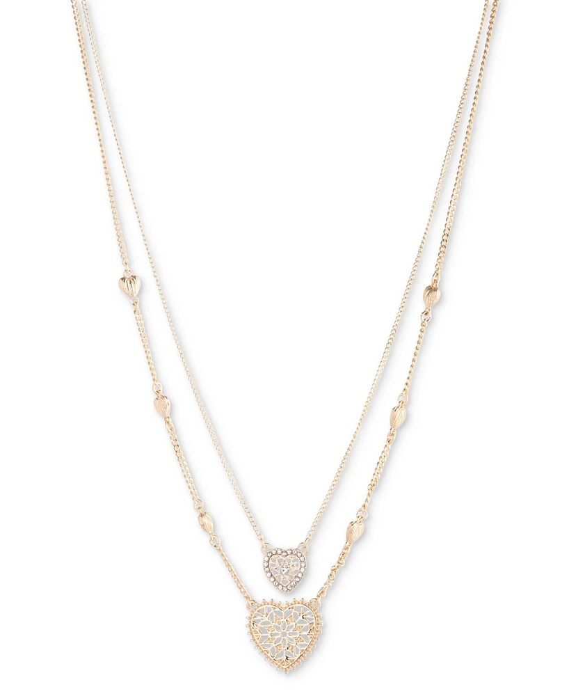 Marchesa Gold-Tone Pave Filigree Heart Layered Pendant Necklace, 16" + 3" extender