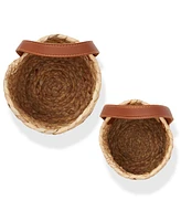 Casafield Set of 2 Wall Hanging Baskets with Handles (Small and Large) - Natural Water Hyacinth, Woven Boho Plant and Flower Storage Pots