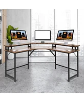 Slickblue Sturdy W Shaped Corner Computer Desk with Monitor Stand for Home Office