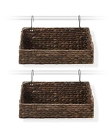 Casafield Set of 2 Hanging Baskets with Hooks - Natural, Woven Hyacinth Shelf Storage Wall Mounted Bins for Bathroom, Kitchen, Office, Laundry Room