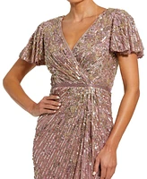 Mac Duggal Women's Embellished Faux Wrap Flutter Sleeve Dress