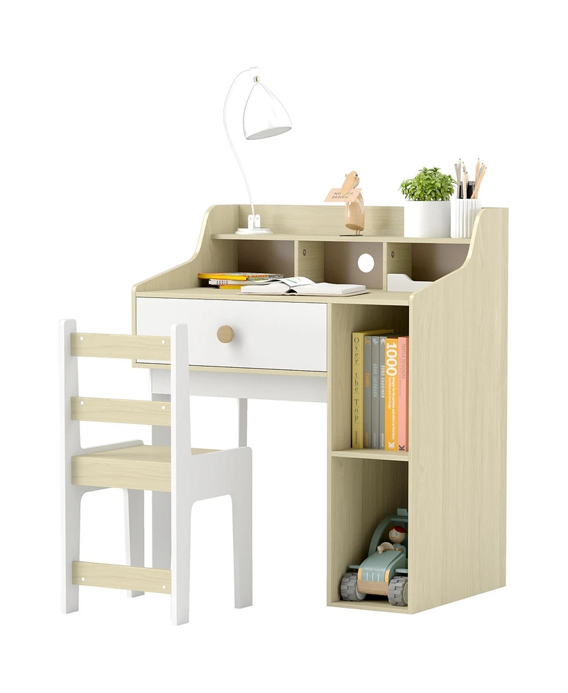 Qaba Kids Desk and Chair Set with Storage Shelves, Drawer,