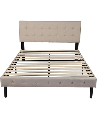 Slickblue Fabric Upholstered Bed Frame with Solid Wood Slat Support and Headboard