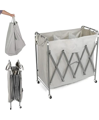 Slickblue Folding 3-Section Rolling Laundry Basket Cart Laundry Sorter with Lockable Wheels and Removable Bags