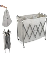 Slickblue Folding 3-Section Rolling Laundry Basket Cart Laundry Sorter with Lockable Wheels and Removable Bags