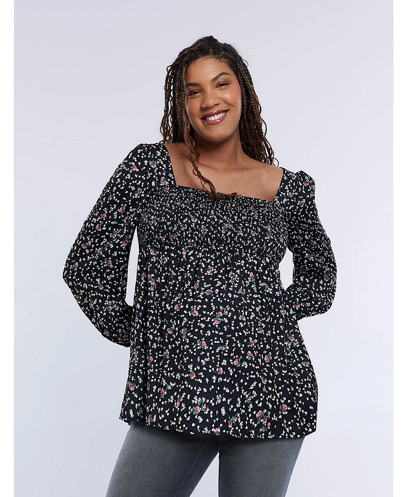 Motherhood Maternity Smocked Square Neck Long Sleeve Babydoll Top