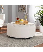 Baxton Studio Athena Modern and Contemporary Ivory Boucle Upholstered and Black Finished Wood Round Ottoman