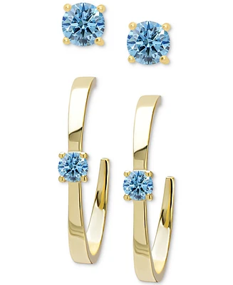 2-Pc. Set Lab Grown Blue Topaz Solitaire Stud & Small Hoop Earrings (3/4 ct. t.w.) in 14k Gold-Plated Sterling Silver