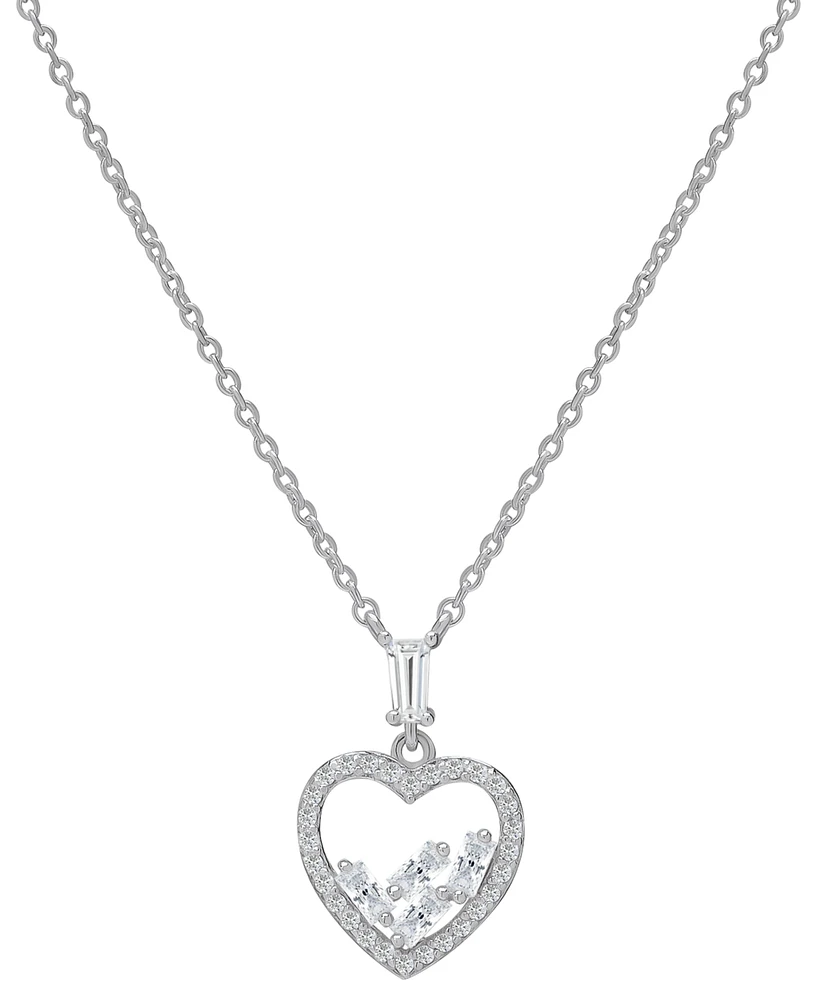 Lab Grown White Sapphire Baguette & Round Scatter Cluster Heart 18" Pendant Necklace (1/2 ct. t.w.) in Sterling Silver