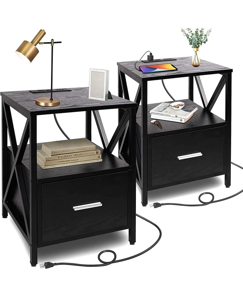 Slickblue Nightstand Set of 2 Side Tables with Usb Charging Station and Drawer Storage for Convenient Organization