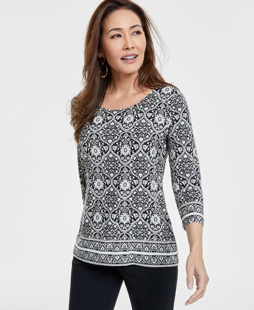 Jm Collection Women's Printed Jacquard 3/4-Sleeve Top, Exclusively at Macy's