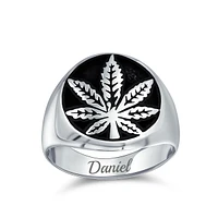 Bling Jewelry Mens Silver Ring with Cannabis Leaf Medallion Oxidized Sterling Silver Handmade