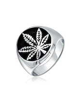 Bling Jewelry Flat Round Signet Ring Cannabis Leaf Medallion Oxidized .925 Sterling Silver