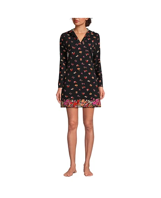 Lands' End Women's Petite Cotton Jersey Long Sleeve Hooded Swim Cover-up Dress