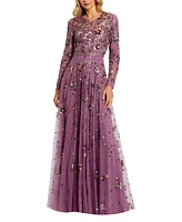 Mac Duggal Women's Long Sleeve High Neck Beaded Gown