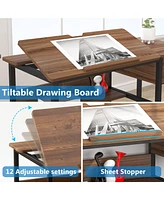 Tribesigns Drafting Table with Storage Drawers,Shelves and Tiltable Tabletop,Drawing Computer Desk Artist Craft Table Painting Desk Workstation