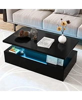 Gymax Led Coffee Table 2-Tier High Glossy with Adjustable Light & Remote Control White