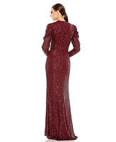 Mac Duggal Women's Sequined High Neck Puff Long Sleeve Column Gown