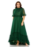 Mac Duggal Plus High Neck Flutter Sleeve Ruffle Tiered Low Gown