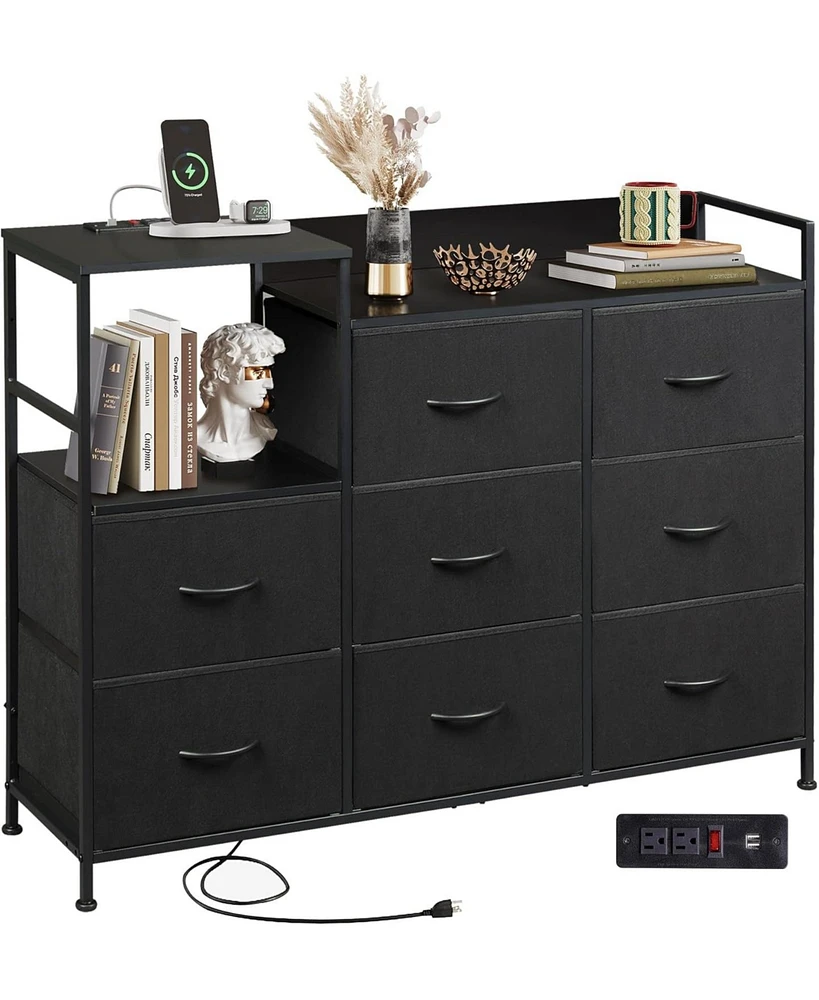 Wlive Dresser Tv Stand for Bedroom with Charging Station Wide Storage Chest of Drawers 8 Large Fabric and Open Shelves Organizer