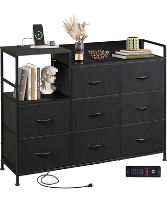 Wlive Dresser Tv Stand for Bedroom with Charging Station Wide Storage Chest of Drawers 8 Large Fabric and Open Shelves Organizer