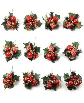 Floral Home Set of 24: Traditional Red & Gold Holly Pick with Gift Box, Berries, & Ornament Balls | Festive Accents | Christmas Picks | Party & Event