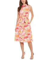 London Times Women's Floral Tie-Waist Sleeveless Shirtdress