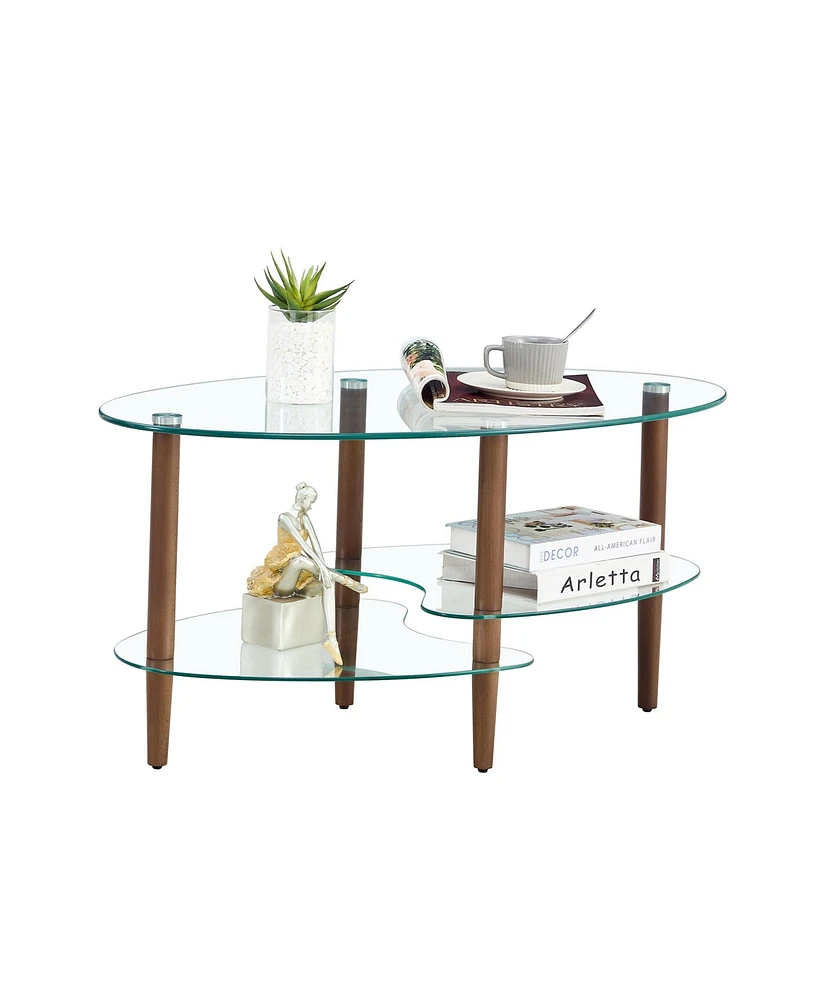 Slickblue Modern Transparent Oval Glass Coffee Table with Oak Wood Legs 3-Layer Living Room Tea Table