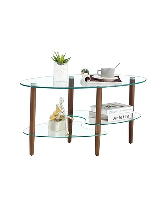 Slickblue Modern Transparent Oval Glass Coffee Table with Oak Wood Legs 3-Layer Living Room Tea Table