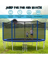 Gymax 15FT Outdoor Large Trampoline Safety Enclosure Net w/ Basketball Hoop Ladder